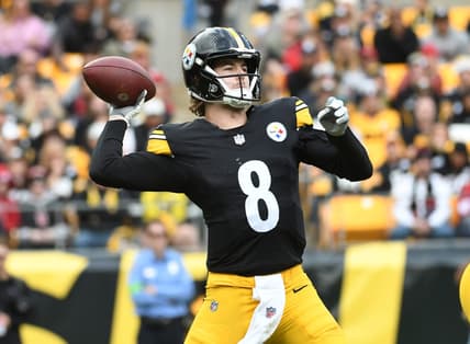 Dec 3, 2023; Pittsburgh, Pennsylvania, USA; Pittsburgh Steelers quarterback Kenny Pickett (8) passes the ball against the Arizona Cardinals during the second quarter at Acrisure Stadium. Mandatory Credit: Philip G. Pavely-USA TODAY Sports