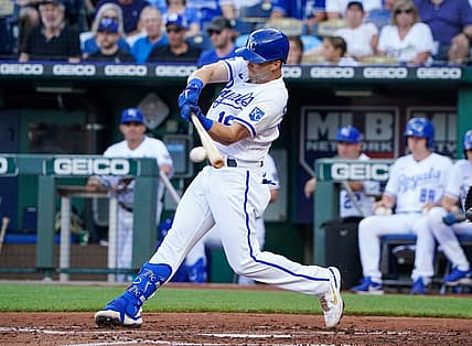 Jul 12, 2022; Kansas City, Missouri, USA; Kansas City Royals left fielder Andrew Benintendi (16) hits a one run single against theDetroit Tigers in the first inning at Kauffman Stadium. Mandatory Credit: Denny Medley-USA TODAY Sports
