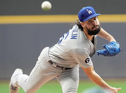 Los Angeles Dodgers starting pitcher Tony Gonsolin (26) throws during the first inning of their game against the Milwaukee Brewers Wednesday, August 17, 2022 at American Family Field in Milwaukee, Wis.

Brewers17 4