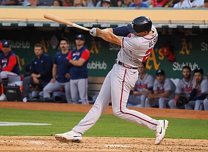 Sep 6, 2022; Oakland, California, USA; Atlanta Braves first baseman Matt Olson (28) hits a three-run home run against the Oakland Athletics during the third inning at RingCentral Coliseum. Mandatory Credit: Kelley L Cox-USA TODAY Sports