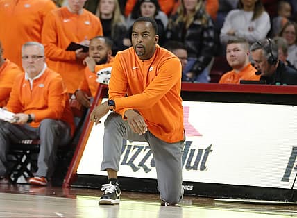 Feb 26, 2022; Norman, Oklahoma, USA; Oklahoma State Cowboys head coach Mike Boynton watches his team play against the Oklahoma Sooners during overtime at Lloyd Noble Center. Oklahoma won 66-62 in overtime. Mandatory Credit: Alonzo Adams-USA TODAY Sports