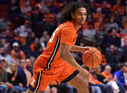 Nov 25, 2022; Champaign, Illinois, USA; Illinois Fighting Illini guard Skyy Clark (55) drives the ball up court during the first half against the Lindenwood Lions at State Farm Center. Mandatory Credit: Ron Johnson-USA TODAY Sports