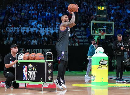 Feb 18, 2023; Salt Lake City, UT, USA; Portland Trail Blazers guard Damian Lillard competes in the 3-Point Contest during the 2023 All Star Saturday Night at Vivint Arena. Mandatory Credit: Kyle Terada-USA TODAY Sports