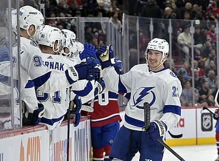 Nov 7, 2023; Montreal, Quebec, CAN; Tampa Bay Lightning forward Michael Eyssimont (23) celebrates with teammates after scoring a goal against the Montreal Canadiens during the first period at the Bell Centre. Mandatory Credit: Eric Bolte-USA TODAY Sports