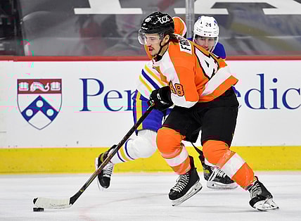 Jan 18, 2021; Philadelphia, Pennsylvania, USA; Philadelphia Flyers center Morgan Frost (48) during the first period against the Buffalo Sabres at Wells Fargo Center. Mandatory Credit: Eric Hartline-USA TODAY Sports