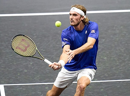 Sep 23, 2022; London, United Kingdom;  Stefanos Tsitsipas (GRE) plays a shot against Diego Schwartzman (ARG) in his Laver Cup Tennis match.  Mandatory Credit: Peter van den Berg-USA TODAY Sports