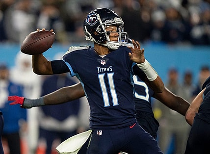 Tennessee Titans quarterback Joshua Dobbs (11) throws a pass against the Dallas Cowboys during the fourth quarter at Nissan Stadium Thursday, Dec. 29, 2022, in Nashville, Tenn.

Nfl Dallas Cowboys At Tennessee Titans
