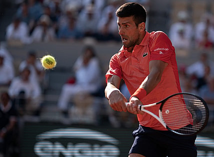 Jun 6 2023; Paris,France; Novak Djokovic (SRB) returns a shot during his match against Karen Khachanov on day 10 at Stade Roland-Garros. Mandatory Credit: Susan Mullane-USA TODAY Sports
