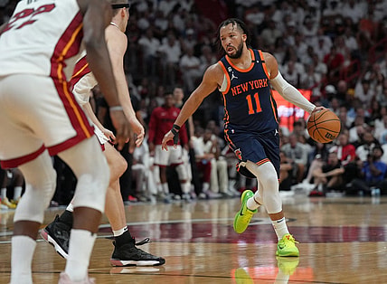 May 12, 2023; Miami, Florida, USA; New York Knicks guard Jalen Brunson (11) in the first half during game six of the 2023 NBA playoffs against the Miami Heat at Kaseya Center. Mandatory Credit: Jim Rassol-USA TODAY Sports