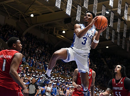 Feb 28, 2024; Durham, North Carolina, USA; Duke Blue Devils guard Jeremy Roach (3) drives to the basket during the second half against the Louisville Cardinals at Cameron Indoor Stadium.  Mandatory Credit: Rob Kinnan-USA TODAY Sports