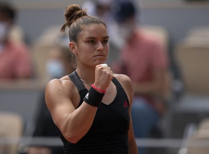 Jun 9, 2021; Paris, France; Maria Sakkari (GRE) reacts during her match against Iga Swiatek (POL) on day 11 of the French Open at Stade Roland Garros. Mandatory Credit: Susan Mullane-USA TODAY Sports