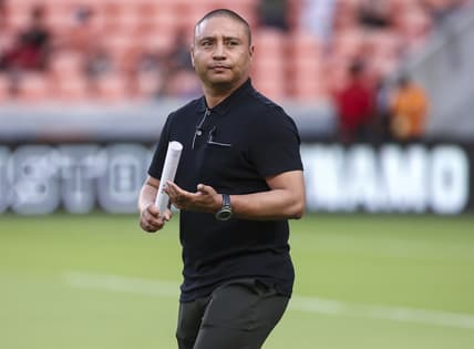 Jul 31, 2021; Houston, Texas, USA; Real Salt Lake head coach Freddy Juarez walks onto the field before a match against the Houston Dynamo FC at BBVA Stadium. Mandatory Credit: Troy Taormina-USA TODAY Sports