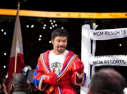 Aug 21, 2021; Las Vegas, Nevada; Manny Pacquiao is pictured before the start of a world welterweight championship bout against Yordenis Ugas at T-Mobile Arena. Mandatory Credit: Stephen R. Sylvanie-USA TODAY Sports