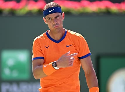 Mar 16, 2022; Indian Wells, CA, USA;  Rafael Nadal (ESP) questions a line call during his fourth round match against Reilly Opelka (USA) in the fourth round at the BNP Paribas Open at the Indian Wells Tennis Garden. Mandatory Credit: Jayne Kamin-Oncea-USA TODAY Sports