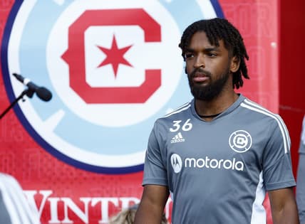 Aug 21, 2022; Chicago, Illinois, USA; Chicago Fire defender Andre Reynolds II (36) takes the field before the game against New York City at Bridgeview Stadium. Mandatory Credit: Mike Dinovo-USA TODAY Sports