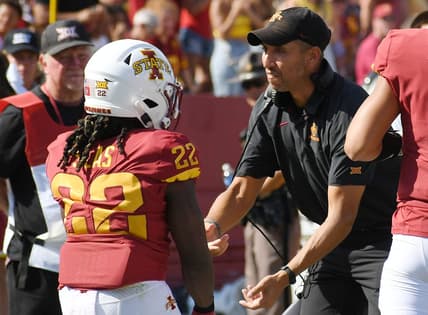 Iowa State football head coach Matt Campbell (22) celebrates with running back Deon Silas (22) after a touchdown against Southeast Missouri State during the fourth quarter in the season opening  home game at Jack Trice Stadium Saturday, Sep. 3, 2022, in Ames, Iowa.
