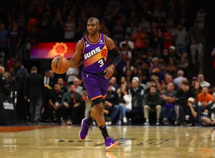 Oct 25, 2022; Phoenix, Arizona, USA; Phoenix Suns guard Chris Paul (3) against the Golden State Warriors at Footprint Center. Mandatory Credit: Mark J. Rebilas-USA TODAY Sports