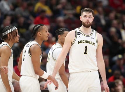 Michigan Wolverines center Hunter Dickinson (1) on the court during the final seconds of Big Ten tournament action against the Rutgers Scarlet Knights at United Center in Chicago on Thursday, March 9, 2023.

Michbig 030923 Kd2266 Sad Michigan basketball