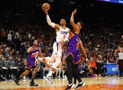 Apr 9, 2023; Phoenix, Arizona, USA; Los Angeles Clippers guard Russell Westbrook (0) drives to the basket against the Phoenix Suns in the first half at Footprint Center. Mandatory Credit: Mark J. Rebilas-USA TODAY Sports
