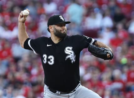 May 5, 2023; Cincinnati, Ohio, USA; Chicago White Sox starting pitcher Lance Lynn (33) throws against the Cincinnati Reds during the first inning at Great American Ball Park. Mandatory Credit: David Kohl-USA TODAY Sports