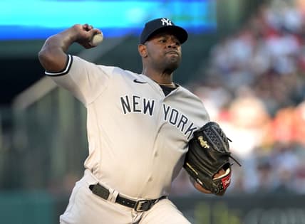 Jul 17, 2023; Anaheim, California, USA;  New York Yankees starting pitcher Luis Severino (40) throws to the plate in the third inning against the Los Angeles Angels at Angel Stadium. Mandatory Credit: Jayne Kamin-Oncea-USA TODAY Sports