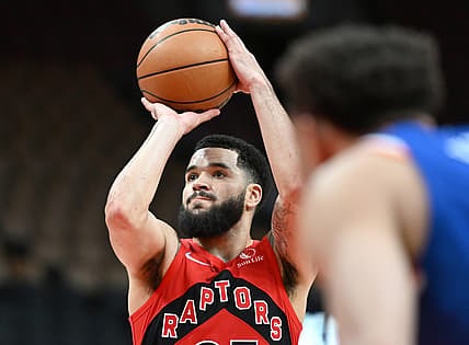Jan 2, 2022; Toronto, Ontario, CAN;   Toronto Raptors guard Fred VanVleet (23) shoots the ball against the New York Knicks in the second half at Scotiabank Arena. Mandatory Credit: Dan Hamilton-USA TODAY Sports