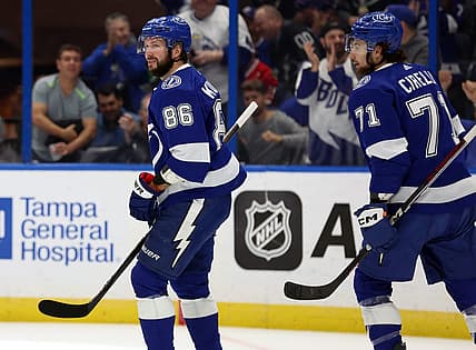 Nov 9, 2023; Tampa, Florida, USA; Tampa Bay Lightning right wing Nikita Kucherov (86) celebrates after he makes a goal against the Chicago Blackhawks during the first period at Amalie Arena. Mandatory Credit: Kim Klement Neitzel-USA TODAY Sports