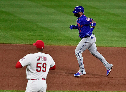 May 5, 2021; St. Louis, Missouri, USA;  New York Mets shortstop Jonathan Villar (1) runs the bases after hitting a solo home run off of St. Louis Cardinals starting pitcher Johan Oviedo (59) during the fourth inning in game two of a doubleheader at Busch Stadium. Mandatory Credit: Jeff Curry-USA TODAY Sports