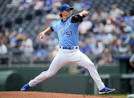Jun 16, 2021; Kansas City, Missouri, USA; Kansas City Royals starting pitcher Brady Singer (51) pitches against the Detroit Tigers during the first inning at Kauffman Stadium. Mandatory Credit: Jay Biggerstaff-USA TODAY Sports