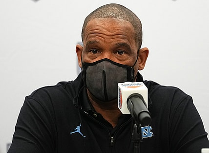 Dec 18, 2021; Las Vegas, Nevada, USA; North Carolina Tar Heels head coach Hubert Davis talks to the media after the Tar Heels were defeated by the Kentucky Wildcats 98-69 at T-Mobile Arena. Mandatory Credit: Stephen R. Sylvanie-USA TODAY Sports