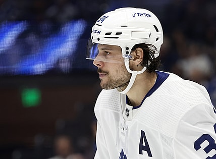 Apr 4, 2022; Tampa, Florida, USA; Toronto Maple Leafs center Auston Matthews (34) looks on against the Tampa Bay Lightning during the second period at Amalie Arena. Mandatory Credit: Kim Klement-USA TODAY Sports