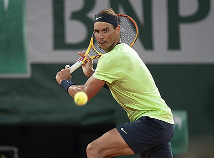 Jun 11, 2021; Paris, France; Rafael Nadal (ESP) in action during his semifinal match against Novak Djokovic (SRB) on day 13 of the French Open at Stade Roland Garros. Mandatory Credit: Susan Mullane-USA TODAY Sports