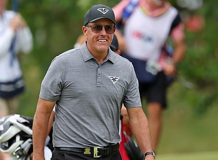 Jun 16, 2023; Los Angeles, California, USA; Phil Mickelson (LIV player) walks to the seventh green during the second round of the U.S. Open golf tournament. Mandatory Credit: Kiyoshi Mio-USA TODAY Sports