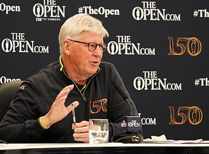 Jul 13, 2022; St. Andrews, SCT; Royal & Ancient chief executive Martin Slumbers holds a press conference at the 150th Open Championship golf tournament at St. Andrews Old Course. Mandatory Credit: Rob Schumacher-USA TODAY Sports