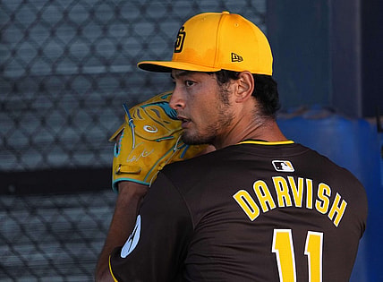 Feb 13, 2024; Peoria, AZ, USA; San Diego Padres pitcher Yu Darvish throws during a Spring Training workout at Peoria Sports Complex. Mandatory Credit: Joe Camporeale-USA TODAY Sports