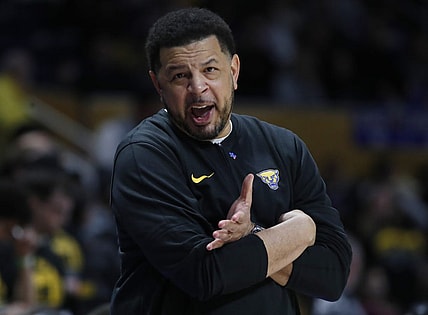 Feb 24, 2024; Pittsburgh, Pennsylvania, USA;  Pittsburgh Panthers head coach Jeff Capel reacts on the sidelines against the Virginia Tech Hokies during the first half at the Petersen Events Center. Mandatory Credit: Charles LeClaire-USA TODAY Sports