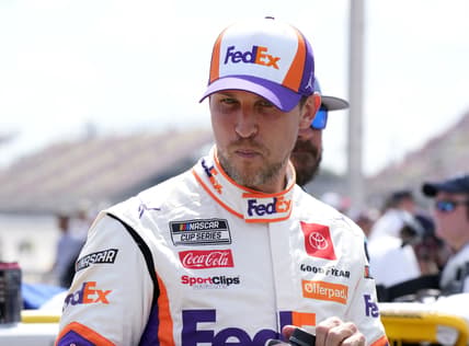 Aug 22, 2021; Brooklyn, Michigan, USA; NASCAR Cup Series driver Denny Hamlin (11) before the FireKeepers Casino 400 at Michigan International Speedway. Mandatory Credit: Mike Dinovo-USA TODAY Sports