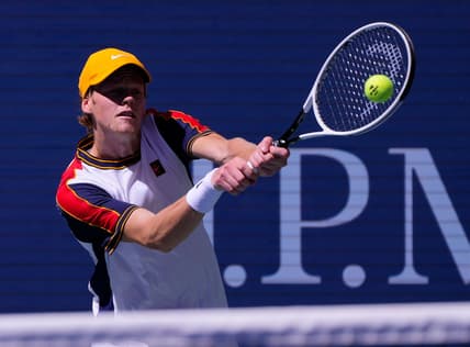 Sep 6, 2021; Flushing, NY, USA;  Jannik Sinner of Italy hits to Alexander Zverev of Germany on day eight of the 2021 U.S. Open tennis tournament at USTA Billie Jean King National Tennis Center. Mandatory Credit: Robert Deutsch-USA TODAY Sports