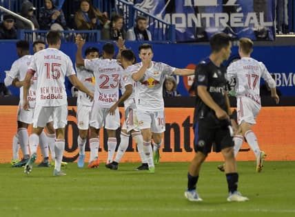 Aug 31, 2022; Montreal, Quebec, CAN; New York Red Bulls midfielder Lewis Morgan (10) celebrates after scoring a goal against the CF Montreal during the first half at Stade Saputo. Mandatory Credit: Eric Bolte-USA TODAY Sports