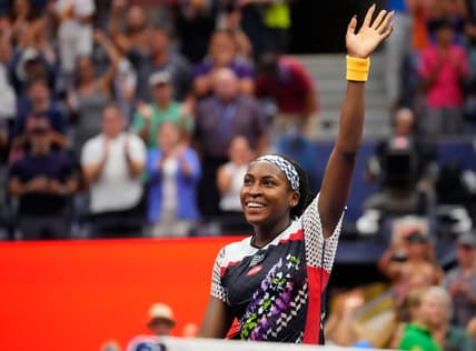 Sept 4, 2022; Flushing, NY, USA;  Coco Gauff of the USA after beating Shuai Zhang of China on day seven of the 2022 U.S. Open tennis tournament at USTA Billie Jean King National Tennis Center. Mandatory Credit: Robert Deutsch-USA TODAY Sports