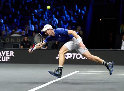 Sep 23, 2022; London, United Kingdom;  Andy Murray (GBR) plays a shot against Alex De Minaur (AUS) in his Laver Cup tennis match.  Mandatory Credit: Peter van den Berg-USA TODAY Sports