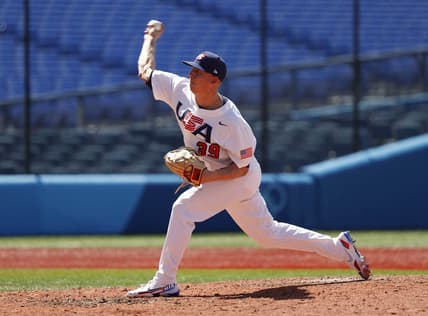 Aug 4, 2021; Yokohama, Japan; USA pitcher Scott McGough throws against Dominican Republic in a baseball contest during the Tokyo 2020 Olympic Summer Games at Yokohama Baseball Stadium. Mandatory Credit: Yukihito Taguchi-USA TODAY Sports