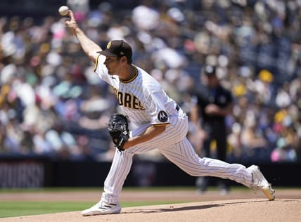 Apr 15, 2023; San Diego, California, USA;  San Diego Padres starting pitcher Seth Lugo (67) throws a pitch against the Milwaukee Brewers during the first inning at Petco Park. Mandatory Credit: Ray Acevedo-USA TODAY Sports