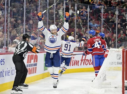 Jan 13, 2024; Montreal, Quebec, CAN; Edmonton Oilers forward Leon Draisaitl (29) celebrates after scoring a goal against the Montreal Canadiens during the third period at the Bell Centre. Mandatory Credit: Eric Bolte-USA TODAY Sports