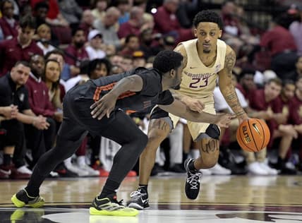 Mar 9, 2024; Tallahassee, Florida, USA; Florida State Seminoles guard Primo Spears (23) controls the ball against Miami Hurricanes guard Bensley Joseph (4) during the first half at Donald L. Tucker Center. Mandatory Credit: Melina Myers-USA TODAY Sports