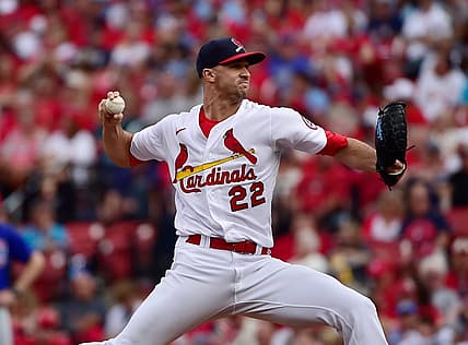 Oct 3, 2021; St. Louis, Missouri, USA;  St. Louis Cardinals pitcher Jack Flaherty (22) pitches during the sixth inning against the Chicago Cubs at Busch Stadium. Mandatory Credit: Jeff Curry-USA TODAY Sports