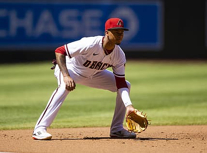 Apr 27, 2022; Phoenix, Arizona, USA; Arizona Diamondbacks infielder Sergio Alcantara against the Los Angeles Dodgers at Chase Field. Mandatory Credit: Mark J. Rebilas-USA TODAY Sports