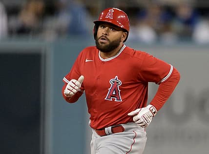 Apr 4, 2022; Los Angeles, California, USA; Los Angeles Angels third baseman Jose Rojas (18) rounds the bases after hitting a two run home run in the sixth inning against the Los Angeles Dodgers at Dodger Stadium. Mandatory Credit: Jayne Kamin-Oncea-USA TODAY Sports