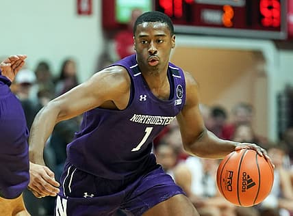 Jan 8, 2023; Bloomington, Indiana, USA;  Northwestern Wildcats guard Chase Audige (1) dribbles the ball against the Indiana Hoosiers during the second half at Simon Skjodt Assembly Hall. Mandatory Credit: Robert Goddin-USA TODAY Sports