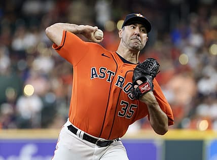 Aug 11, 2023; Houston, Texas, USA;  Houston Astros starting pitcher Justin Verlander (35) pitches against the Los Angeles Angels in the first inning at Minute Maid Park. Mandatory Credit: Thomas Shea-USA TODAY Sports